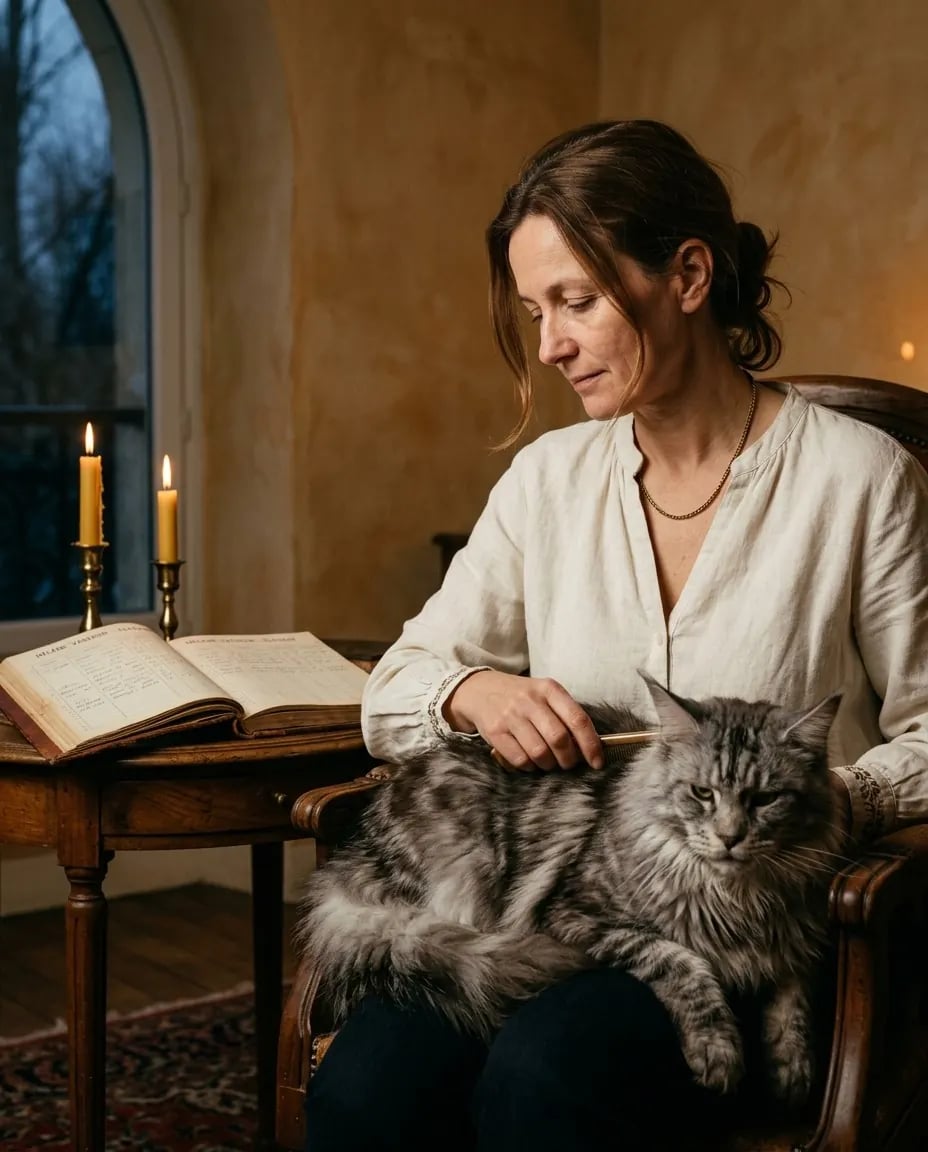 Hélène Vasseur, fondatrice de Maison Onyx, brossant l'un de ses Maine Coons à la lumière des bougies dans son atelier de la vallée de la Bièvre
